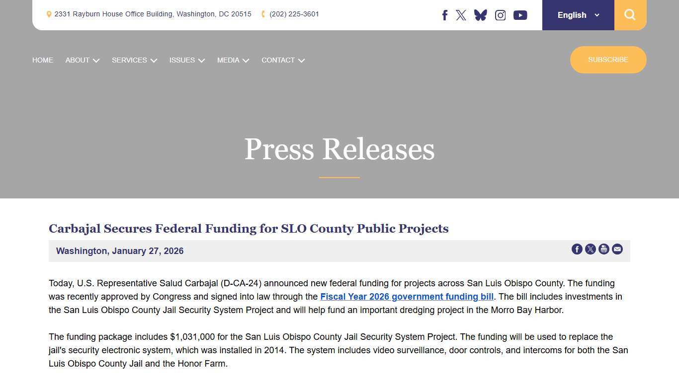 Carbajal Secures Federal Funding for SLO County Public Projects U.S. Representative Salud Carbajal