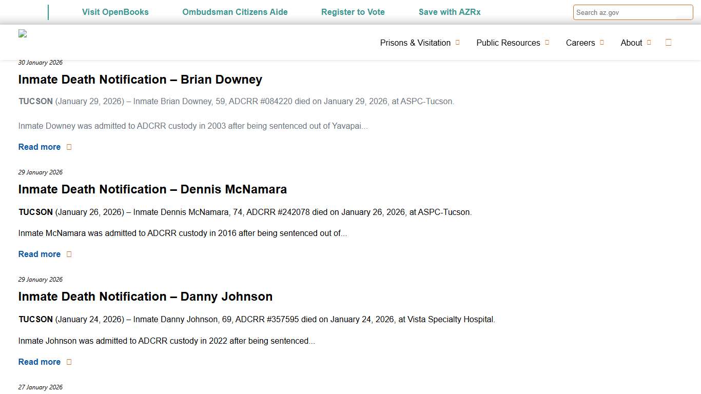 Inmate Death Notification Arizona Department of Corrections, Rehabilitation & Reentry